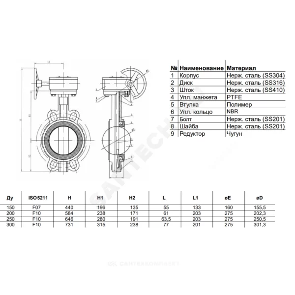 Затвор дисковый поворотный сталь нержавеющая межфл диск нерж манжета PTFE с редуктором 2040R Benarmo